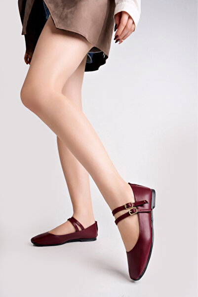 meyra'nın ayakkabıları Women's Burgundy Skin Double Strap Daily Comfortable Ballerinas