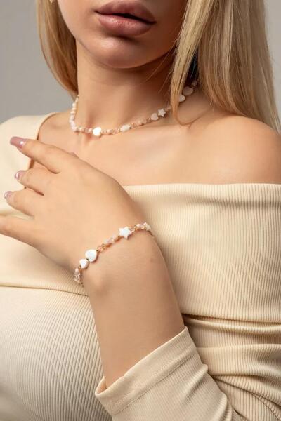 New Obsessions Mother of Pearl Heart and Star Detailed Necklace-Bracelet Set