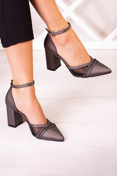 Erkan Saçmacı Molly Antracit Satin Stoned Mesh Pantofi Cu Toc Gros 7 Cm