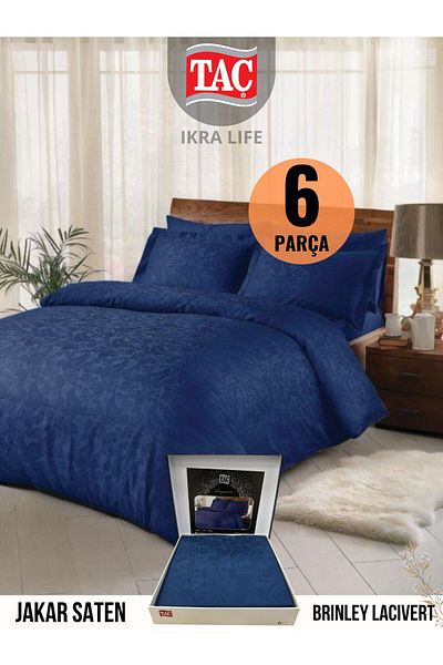 Taç Brinley Navy Blue Elegance Jacquard Satin Double Duvet Cover Set