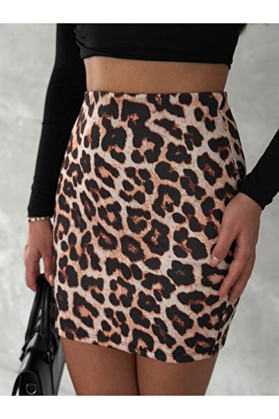 stg spor toptan giyim Women's Leopard Patterned Slit Jersey Mini Skirt
