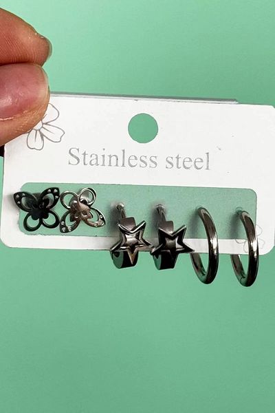 Vitastyle Silver Color 6-Piece Mixed Figured Steel Earring Set