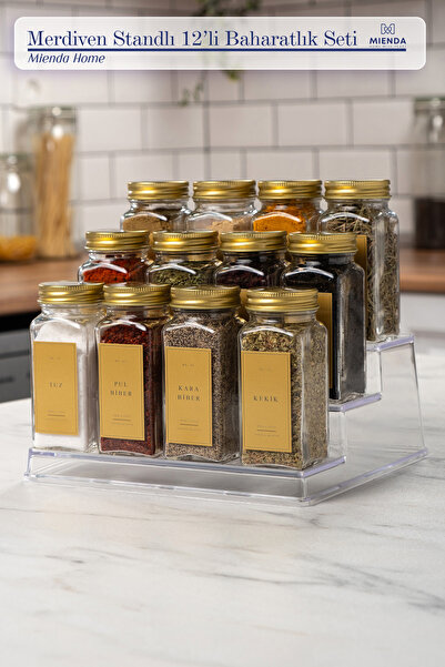 Mienda Home 12'li Şeffaf Merdiven Standlı Cam Baharatlık Seti Gold Kapaklı Et...