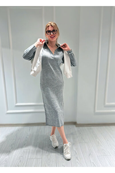 Store Polo Yaka Fitilli Triko Elbise - Gri