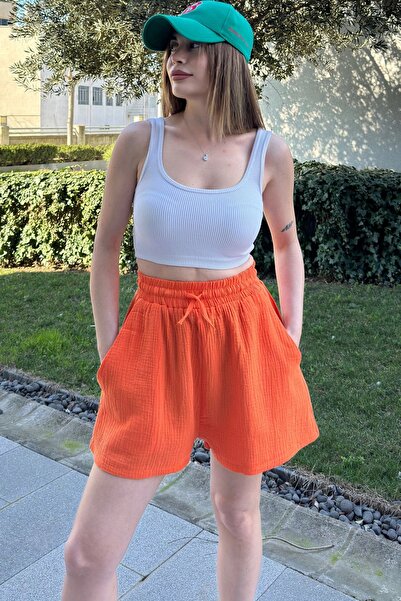 Juuuj Γυναικείο πορτοκαλί σορτς μουσελίνας με τσέπες, κορδόνια, ελαστική μέση...