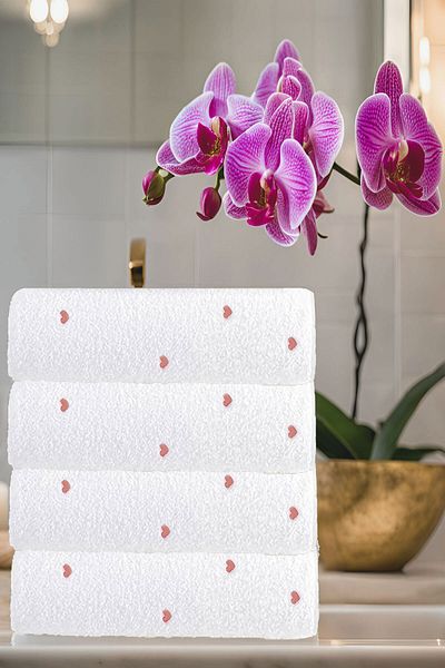 Mira Home Σετ 4 Πετσέτες Προσώπου Κεντημένες Καρδιές 100% Βαμβάκι 50x90 εκ. Hand Of Love
