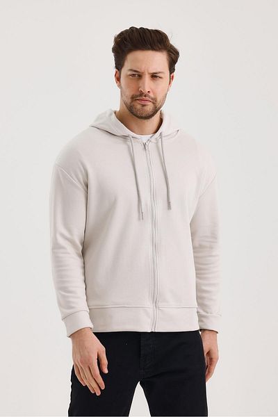 FİHA Unisex Hooded Zippered Sweatshirt with Input Pockets - Stone