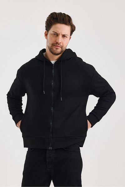 FİHA /9108-Unisex Hooded Zippered Sweat with Side Pocket - Black