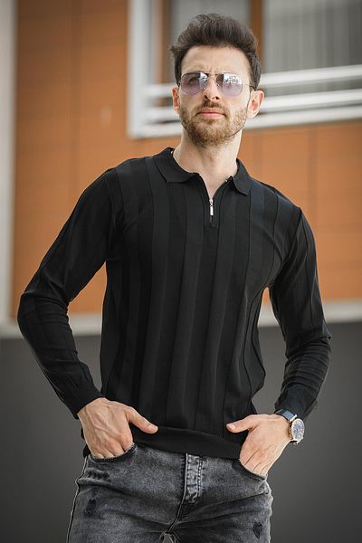 Oksit Ανδρικά πλεκτά Vilnius Slim Fit - Ριγέ γιακά πουκάμισου, μισό φερμουάρ