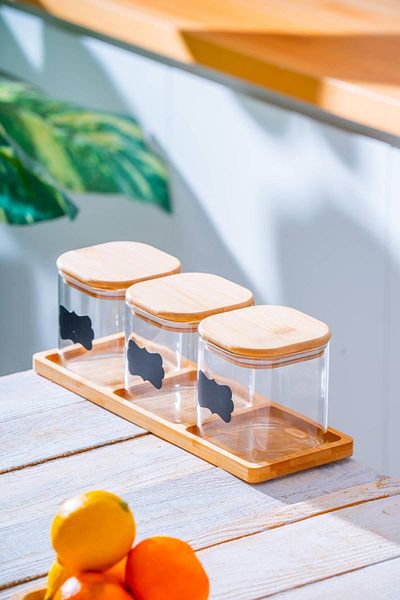 ACAR 3-Piece Borosilicate Glass Spice Rack Set with Malibu Bamboo Stand