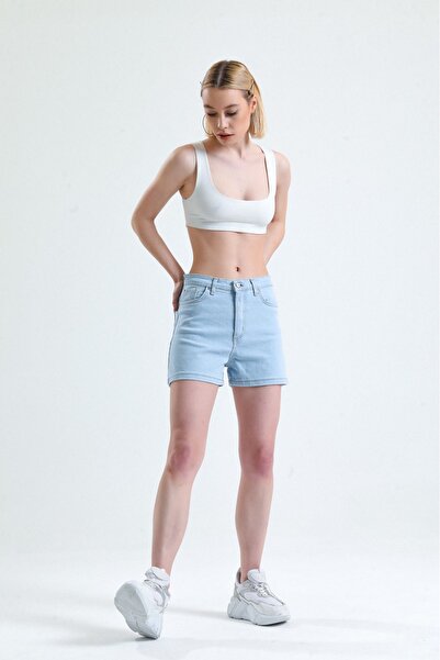 Genel Markalar KN Yüksek Bel Denim Buz Mavi Kadın Kot Şort