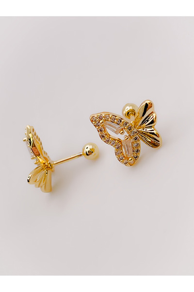 Trinos Cerrahi Çelik Piercing Zirkon Taşlı Plaka Kelebek Helix Tragus Piercing (1adet)