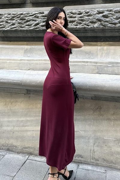 Ded COLLECTION Rochie midi din țesătură modal, cu mâneci scurte, cu decolteu, cu mâneci scurte