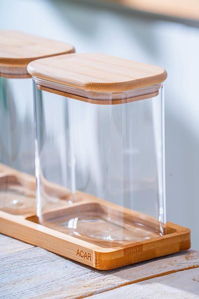 ACAR 3-Piece Borosilicate Glass Spice Rack Set with Malibu Bamboo Stand