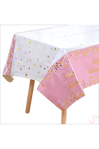 Süsle Baby Party Happy Birthday Altın Baskılı Masa Örtüsü, 137cm x 183cm - Pembe