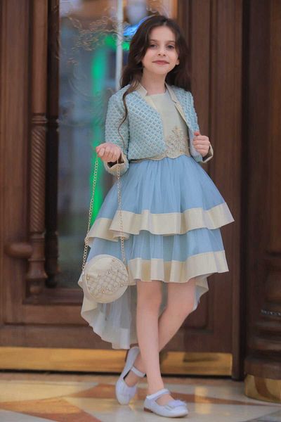 MİSS RAİN Girl's Evening Dress with Front Short Back Long Flooled Embroidered Jacket - Bag -