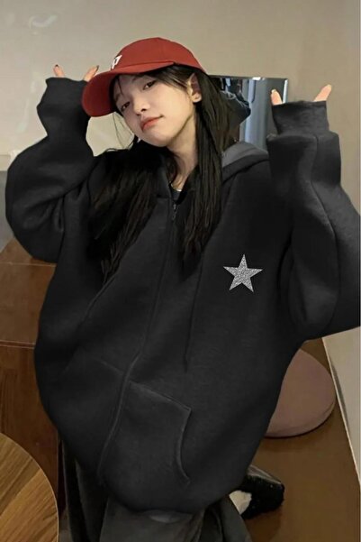 stg spor toptan giyim سترة نسائية بسحاب كامل ومطبوعة بنجوم فضية سوداء اللون