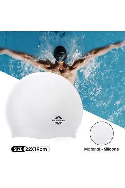 Nivia Pro Silicone Waterproof Swimming Cap | White | One Size | Unisex-Adult | Silicone | Easy Fit