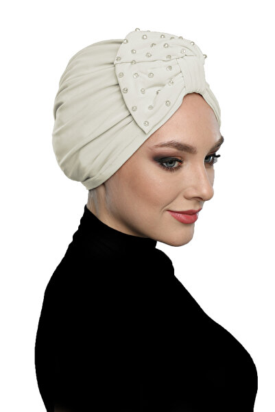 fidan bone Βραδινό καπό τουρμπάνι με κρύσταλλο πέτρινο κεντημένο διπλής όψης με επένδυση από κρέμα έτοιμο τουρμπάνι