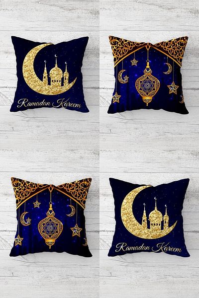Pelangi Eid Mubarak Crescent Theme Hidden Zipper Throw Pillow Case - Ramadan Lantern Sofa Pillow Set (4pcs)