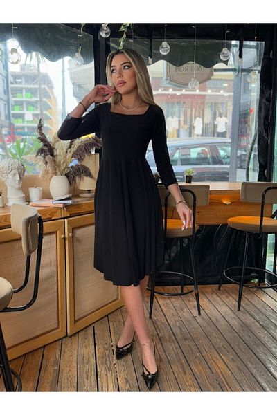 Deridün Yıldız Shoes Women's Square Neck Fakir Sleeve Opportunity Product Midi Length Dress