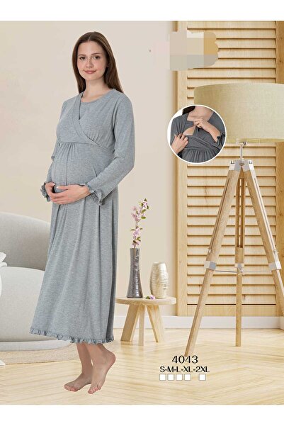 Generic Brand ثوب نوم نسائي رمادي بتصميم خاص من القطن الممشط للحوامل