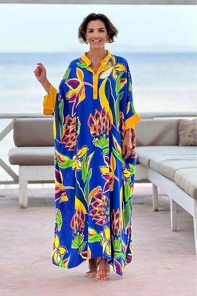 Nevin Kaya Moda Φόρεμα με τροπικό σχέδιο μπλε συν μέγεθος - 100% βαμβάκι