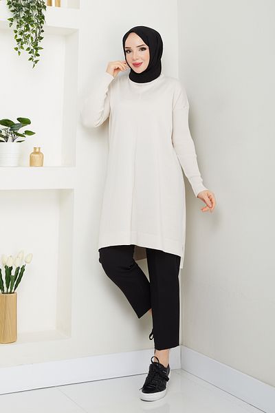 Pamuk Butik Κρεμ Χρώμα Γυναικείο Πλεκτό Πουλόβερ Τουνίκ - Mercerized