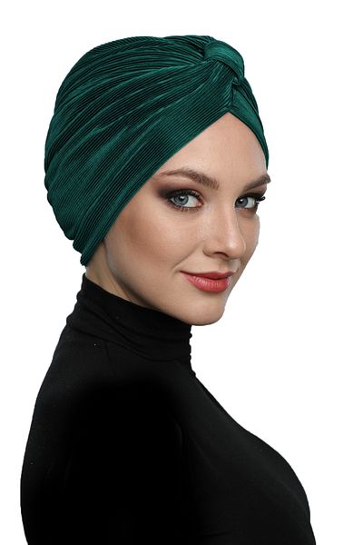 fidan bone Cross Pleat Taped Lined Green Ready-made Turban Hijab Pool Bonnet