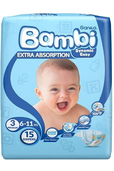 Sanita Bambi Sanita Bambi Diapers Mega Pack - Size 3, Medium, 11-6 kg, 15 Diapers