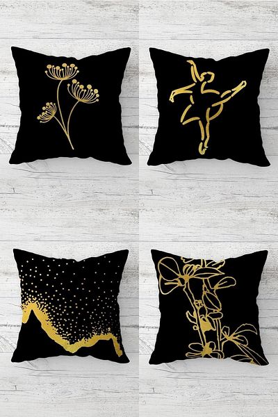 Pelangi Gold Floral Patterned Ballerina - Hidden Zipper Detailed Throw Pillow Cover Sofa Pillow Set (4Pcs)