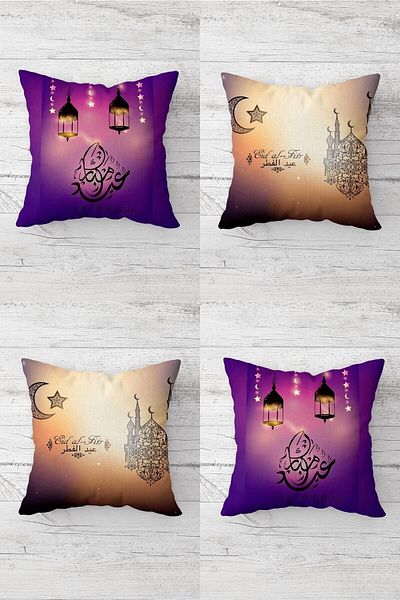 Pelangi Eid Mubarak Crescent Theme Hidden Zipper Throw Pillow Case - Ramadan Lantern Sofa Pillow Set (4pcs)