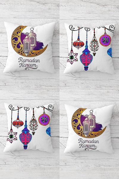 Pelangi Eid Mubarak Mosque Crescent Ramadan Theme - Hidden Zippered Throw Pillow Cover Set (4Pcs)