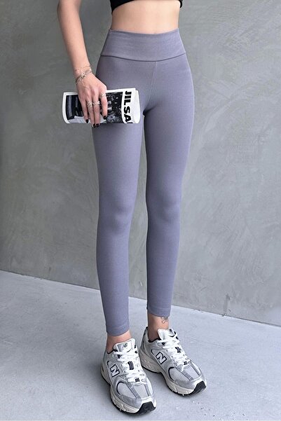 Çınar Dámské šedé žebrované legíny s vysokým pasem