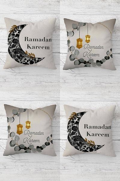 Pelangi Eid Mubarak Crescent Ramadan Themed - Hidden Zippered Throw Pillow Cover Set (4Pcs)