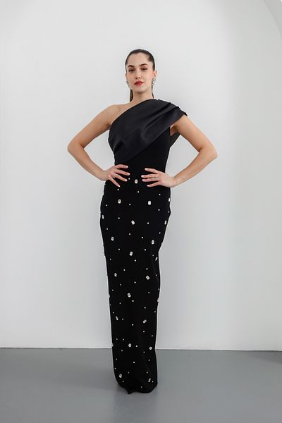Lafaba Γυναικείο Μαύρο One Shoulder Stone Promise Engagement Νυφικό βραδινό φόρεμα