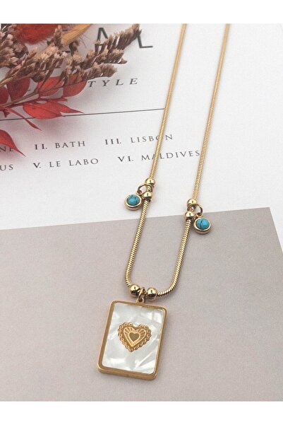 Siya Silver Kararmaz Çelik Firuze Taşlı Sedefli Kalpli Plaka Kolye