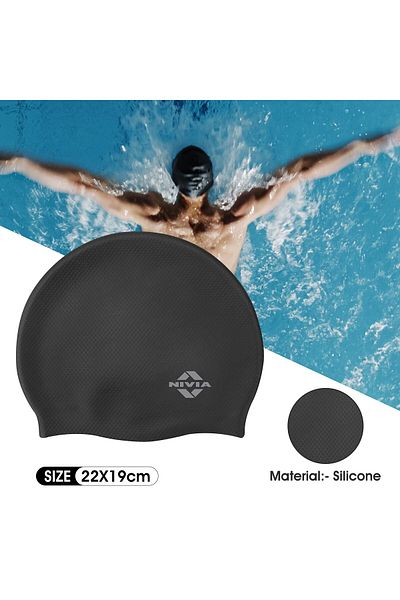 Nivia Pro Silicone Waterproof Swimming Cap | Black | One Size | Unisex-Adult | Silicone | Easy Fit