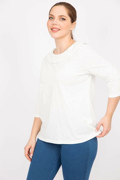 Şans Women's Plus Size Bone Cotton Fabric Collar Trim Buckle Capri Sleeve Blouse 65N38724