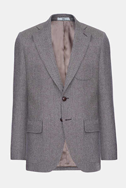 Edwards Erkek Kahverengi Delfino Balıksırtı Desenli Yün Kaşmir Karışımlı Ceket