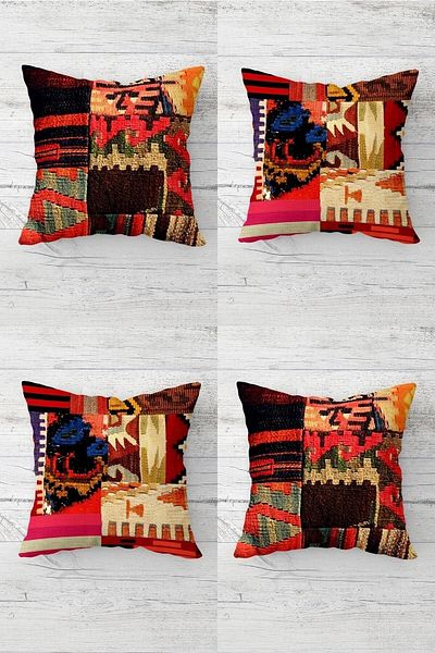 Pelangi Patchwork Rug Patterned Hidden Zippered Throw Pillow Cover Sofa Pillow Cover Set (4pcs)