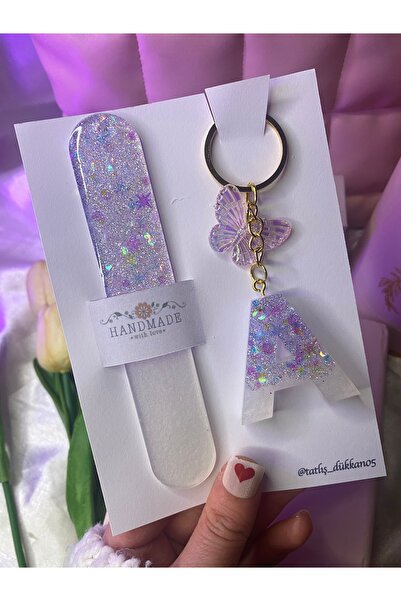 TATLIŞ Lila simli el yapımı epoksi kitap ayracı ve harf anahtarlık seti ,hediyelik kartı ve jelatinli set