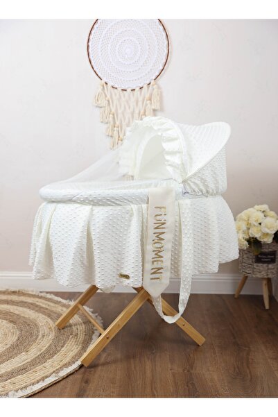 Fun Moment سلة موسى باللون الأبيض العاجي مع حامل خشبي قابل للطي