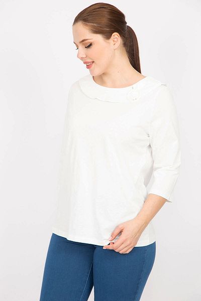 Şans Women's Plus Size Bone Cotton Fabric Collar Trim Buckle Capri Sleeve Blouse 65N38724