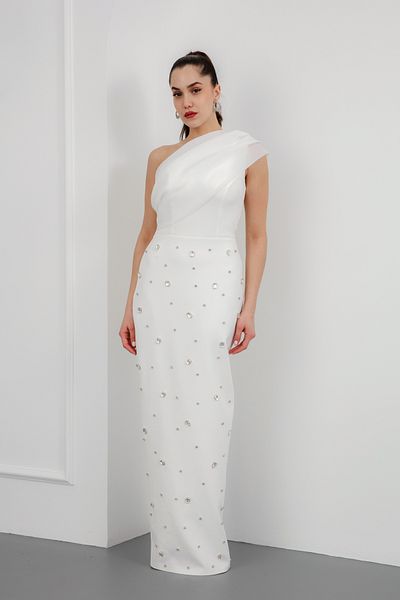 Lafaba Women's White One Shoulder Rhinestone Promise Engagement Wedding Evening Dress