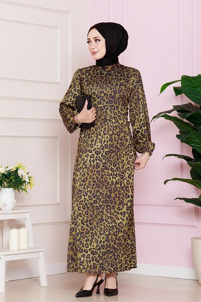 Sevitli Rochie de seara Hijab cu model leopard mustar - cu dantela laterala