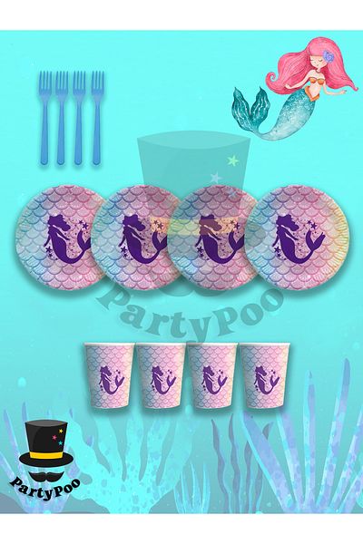 PartyPoo Σετ οικολογικού πάρτι γοργόνας για 8 άτομα για γενέθλια - TBÇ