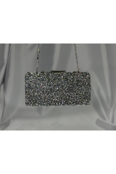 Store Işıltılı Gümüş Taşlı Abiye Çanta