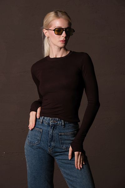 Domoda Brown Viscose Breathable Flexible Crew Neck Soft Long Sleeve Women's Blouse @Palencia