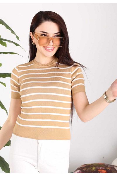 Butik Zeyoo Collection Γυναικεία Πλεκτή Μπλούζα με ριγέ Polyelite με λαιμόκοψη
